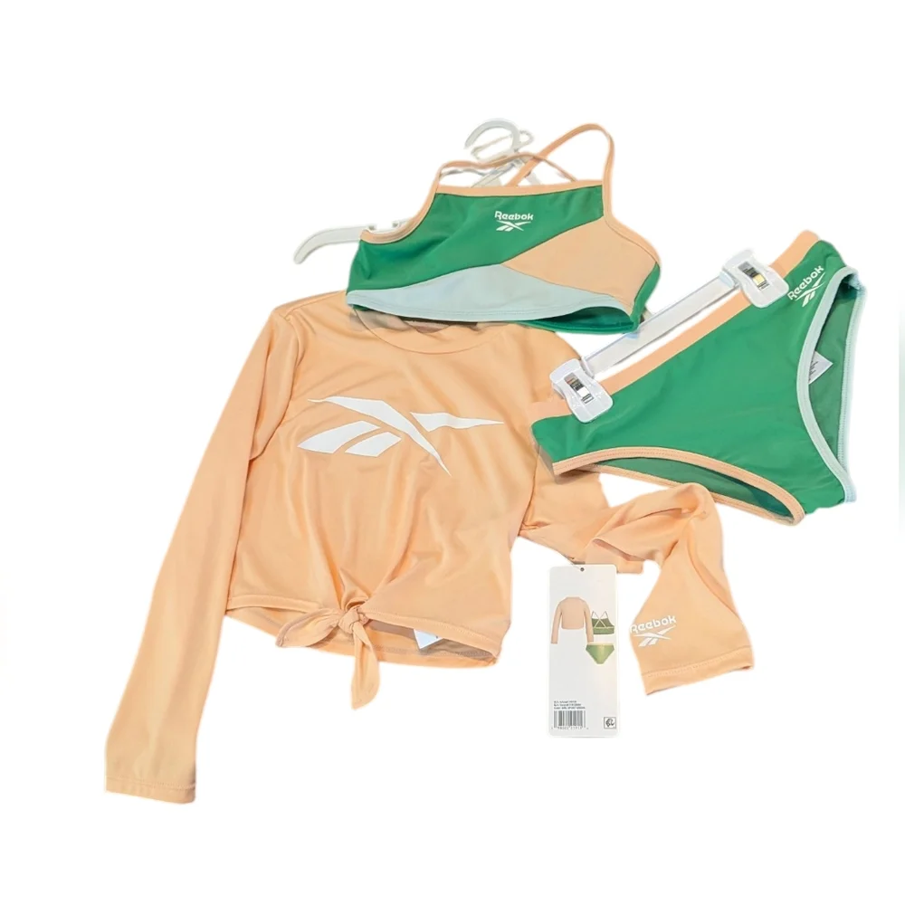 Reebok, Green And Peach Color Block 3 Piece Swimsuit. Size 7